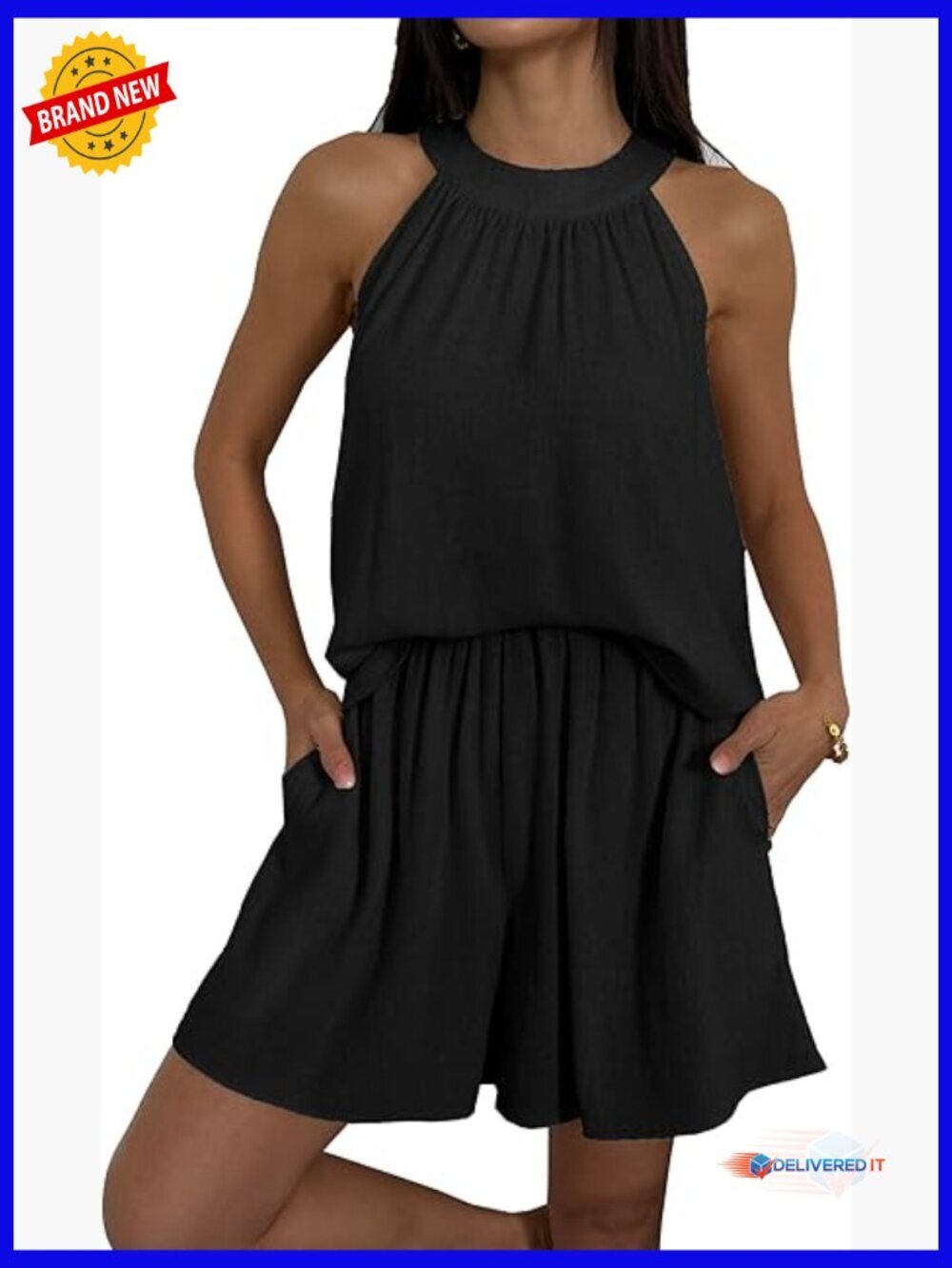 2 Piece Linen Outfits Summer Halter Neck Sleeveless Top and Shorts Set